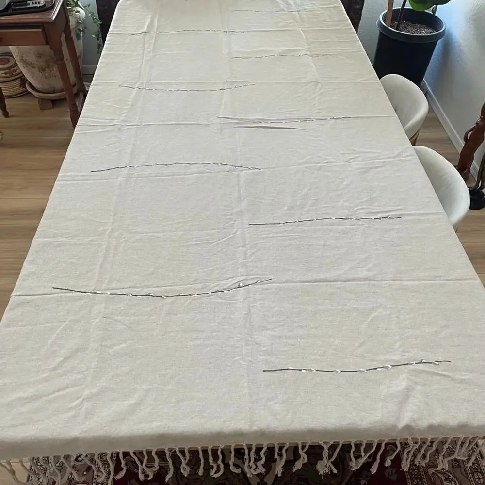 Heavyweight Taupe Linen Tablecloth with Fringe Embroidered Leaves 86